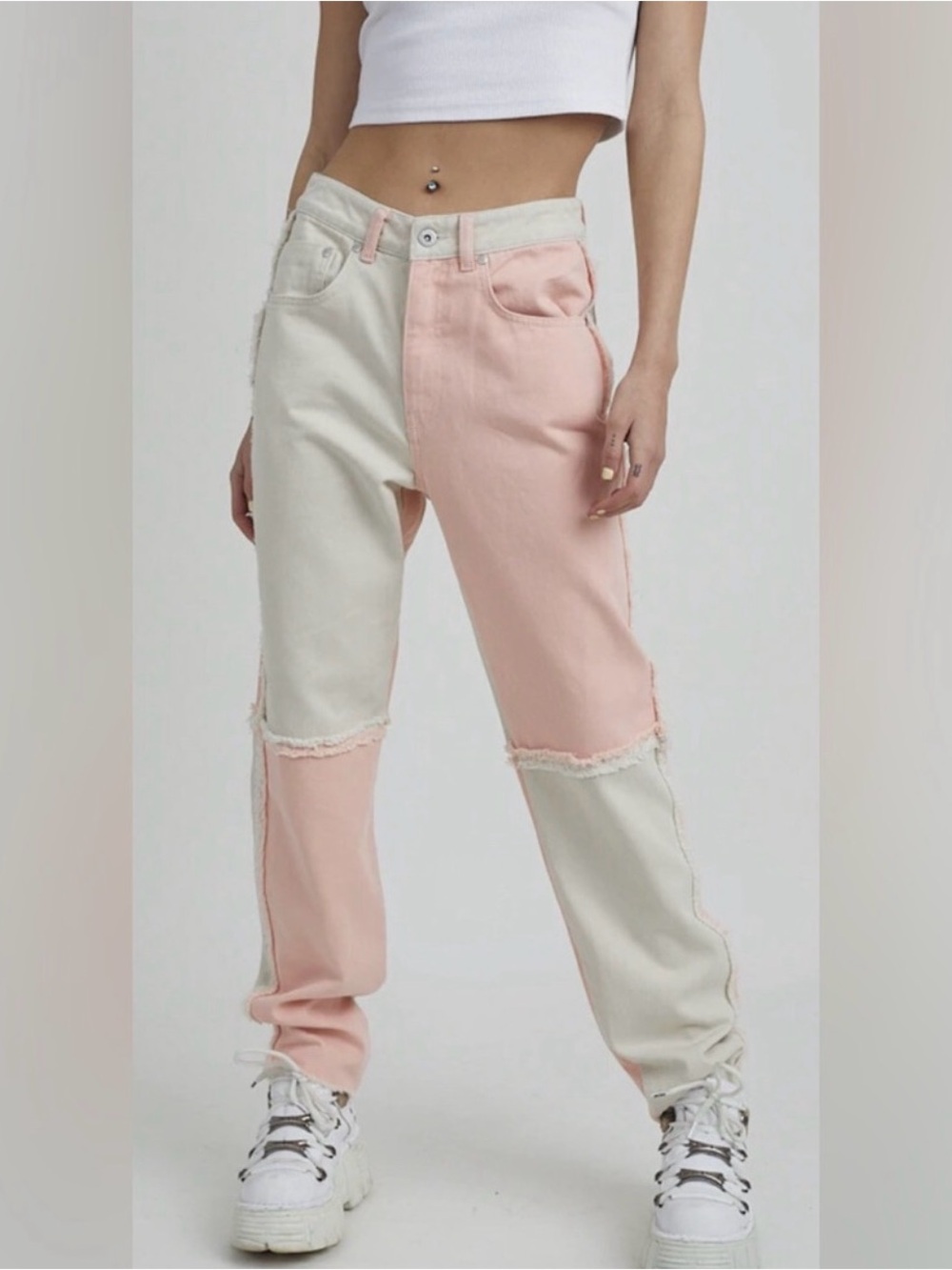 The Ragged Priest Two-Tone Colorblock Boyfriend Jeans in Pink & Cream